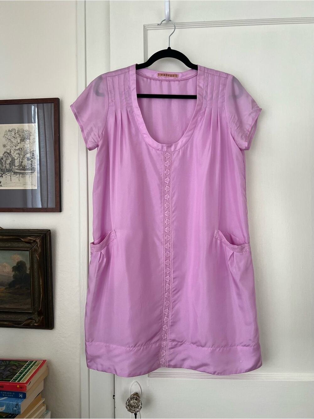 Velvet 100% Silk Lace-Detail Short Sleeve Dress
